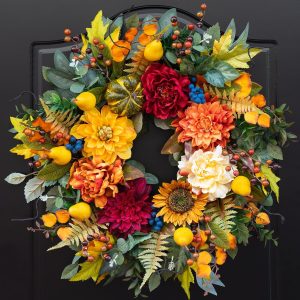 Pinkpuii 24 Inch Harvest Fall Wreaths for Front Door Outside,Porch,Entryway | Artificial Silk Autumn Wreath with Peony Dahlia Pumpkin Sunflower Pear–Indoor Outdoor Thanksgiving Halloween Door Decorations
