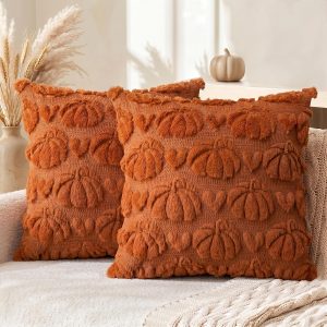 AVOIN colorlife Caramel Pumpkin Fall Throw Pillow Covers 18x18 Inch | love Heart Pumpkin Autumn Thanksgiving Harvest Soft Plush Faux Fur Jacquard Cushion Case Decoration for Sofa Couch Set of 2