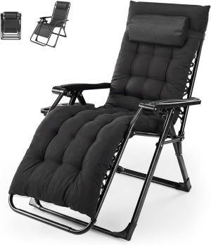 NEWBULIG Zero Gravity Chair, Folding Patio Recliner with Cup Holder Trays | Portable Patio Chairs, Lounge Chair for Outdoor, Indoor, Beach, Pool, Camping, Balcony, Porch, Black