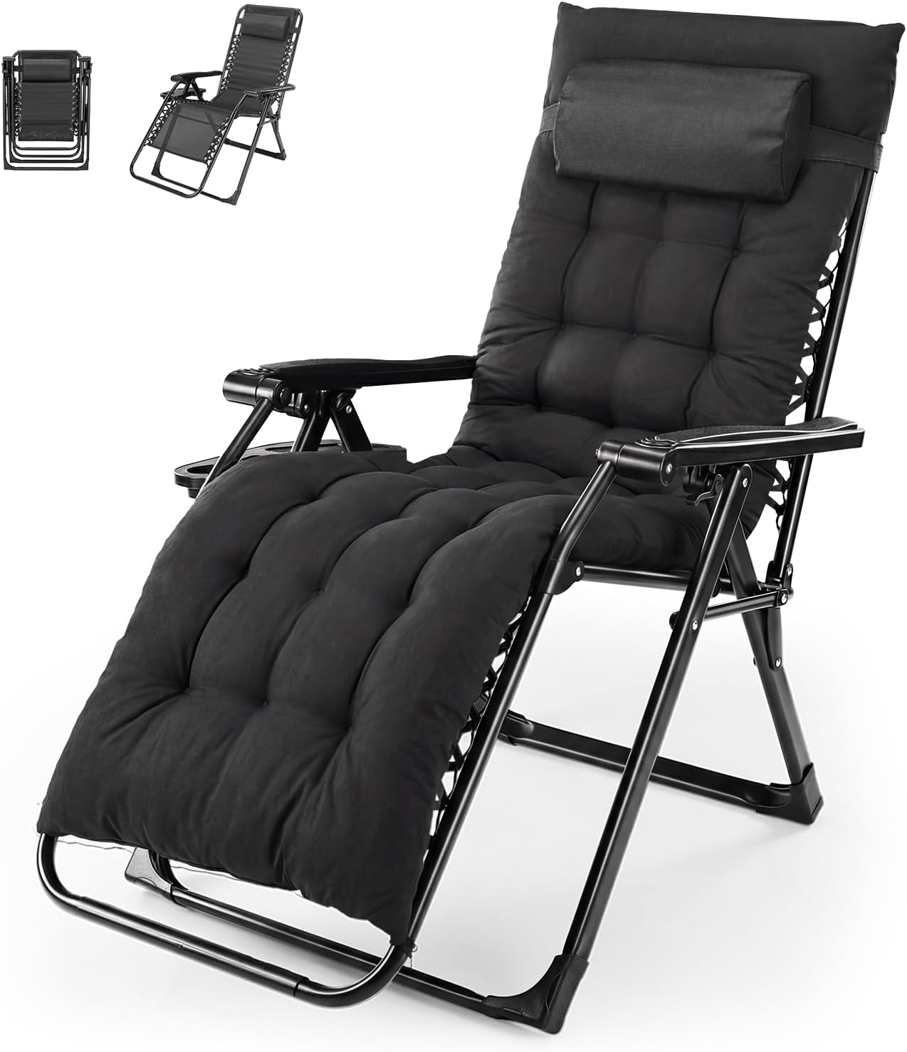 NEWBULIG Zero Gravity Chair, Folding Patio Recliner with Cup Holder Trays | Portable Patio Chairs, Lounge Chair for Outdoor, Indoor, Beach, Pool, Camping, Balcony, Porch, Black