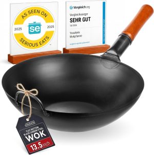 YOSUKATA 13.5" Carbon Steel Wok Pan – Pre-Seasoned Flat Bottom Pow Wok for Stir Fry, BBQ, Grill & Camping – Traditional Japanese Chinese Cookware – Compatible with Induction, Electric, Gas, Open Fire