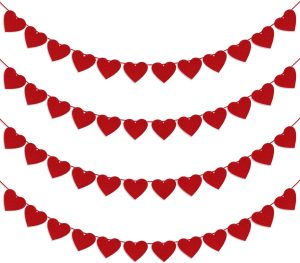 4Pcs Valentines Day Decorations Red Felt Heart Garland Banner, Pre-Strung, 48 Hearts Valentines Banner for Outdoor Indoor Home Valentines Day Decor NO DIY Galentines Day Anniversary Wedding Decoration