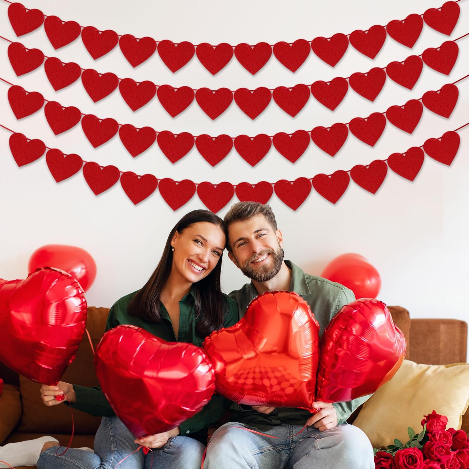 Pre-Strung 4Pcs Red Felt Heart Banners for Valentines, Weddings & Anniversaries Decor. - Image 2