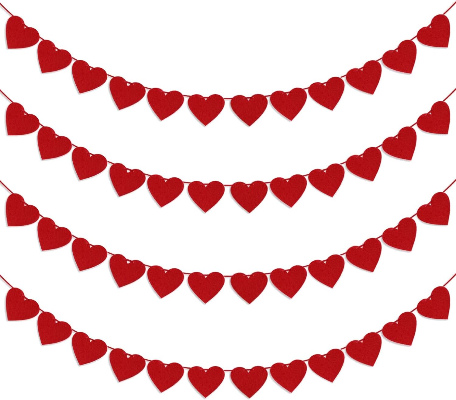 4Pcs Valentines Day Decorations Red Felt Heart Garland Banner, Pre-Strung, 48 Hearts Valentines Banner for Outdoor Indoor Home Valentines Day Decor NO DIY Galentines Day Anniversary Wedding Decoration
