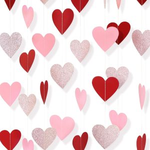Romantic Valentines Day Decorations, Red Pink Rose Gold Heart Garland | Pre-Strung 52 FT 4 Strands Larger Heart 2.8 Inch Heart Streamers Banners for Anniversary Decorations