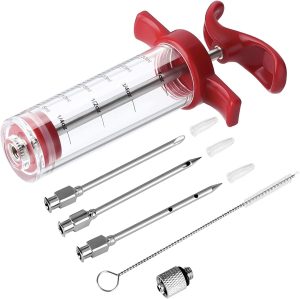 Meat Injector Syringe - 3 Marinade Injector Needles for BBQ Grill, Premium Portable Turkey Injector kit for Smoker,Marinades Injectors for Meats With 1oz Large Capacity 1 Brush Easy to Use & Clean Red