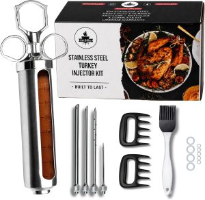 Professional Turkey Injector Syringe Kit for Smoking & Grilling Meat - Large Stainless Steel 2 Oz Capacity, Never Leaks or Clogs + Meat Shredding Claws & Marinade Brush for Brisket & BBQ