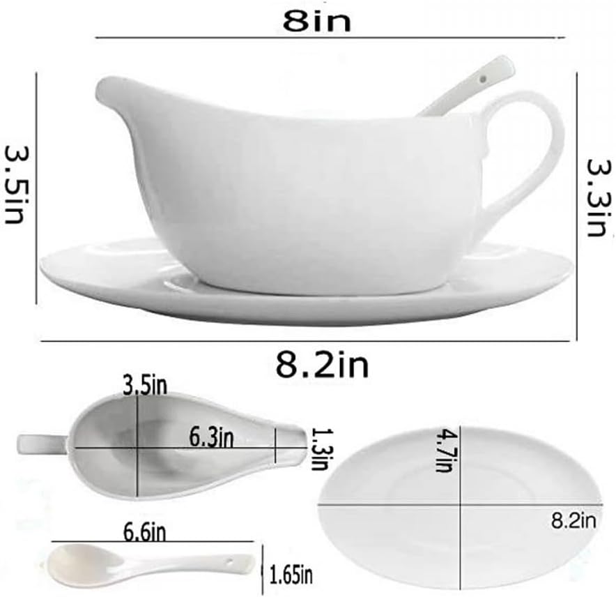 Qlans Gravy Boat With Ladle and Saucer 17 Oz,Ceramic Sauce Boat with Tray for Salad Dressings Milk,Warming Sauces,Creamer,Broth,Black Pepper,White (1 PCS New Gravy Boat With Ladle and Saucer)