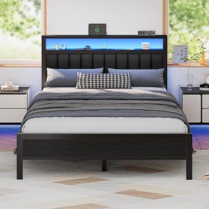 Queen Size Bed Frame with Charging Station and LED Lights | Platform Bed with Grey Upholstered Headboard, 2-Tier Storage Shelf, Metal Slats, No Box Spring Needed, Noise-Free, USB+Type-C