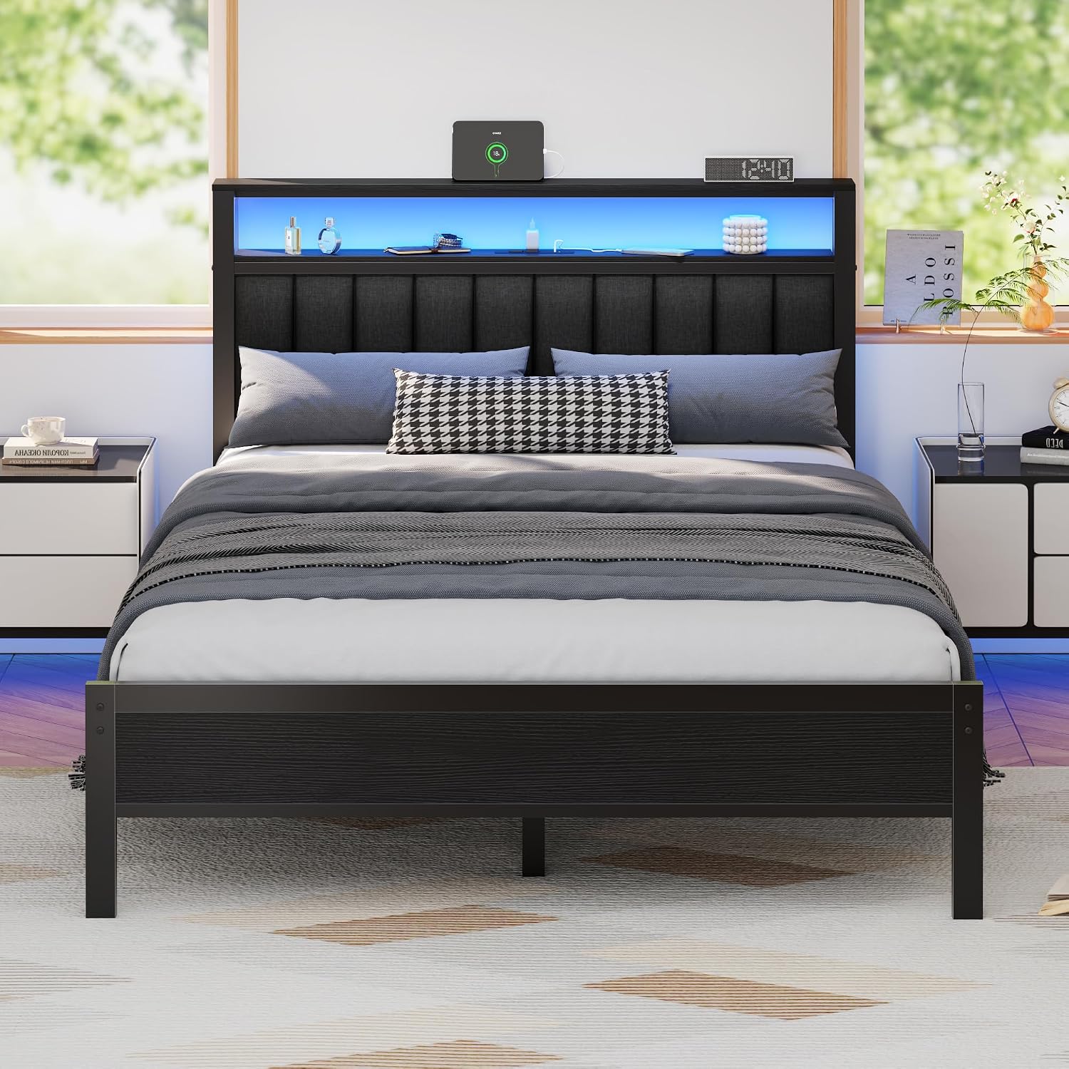 Queen Size Bed Frame with Charging Station and LED Lights | Platform Bed with Grey Upholstered Headboard, 2-Tier Storage Shelf, Metal Slats, No Box Spring Needed, Noise-Free, USB+Type-C