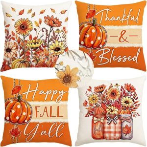 RABUSOFA Fall Outdoor Pillow Covers 18x18 Set of 4 Waterproof Farmhouse | Autumn Decoration, Gift for Thanksgiving, Waterproof & Durable Fabric, Machine Washable, Invisible Zipper, Not Insert