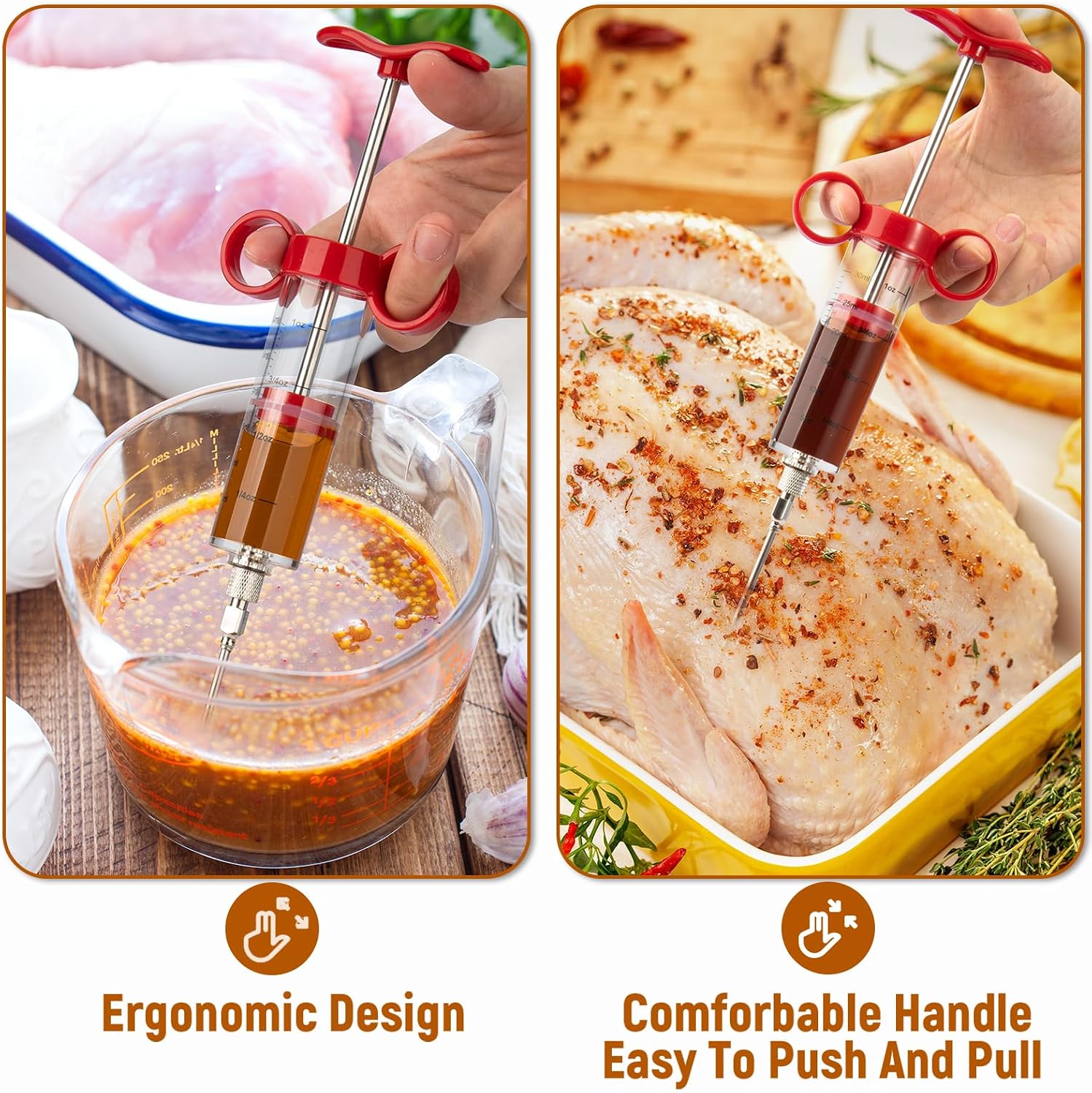 Red 1oz Meat Injector Kit: 3 Needles, Brush. Easy to Use/Clean for BBQ Marinades. - Image 2