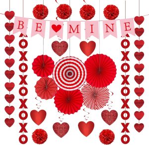 Red Party Decorations Pre-Assembled BE Mine Banner Hanging XO Garlands Heart String Garlands Heart Swirl Paper Fans Paper Balls for Birthday Wedding Graduation Party Supplies