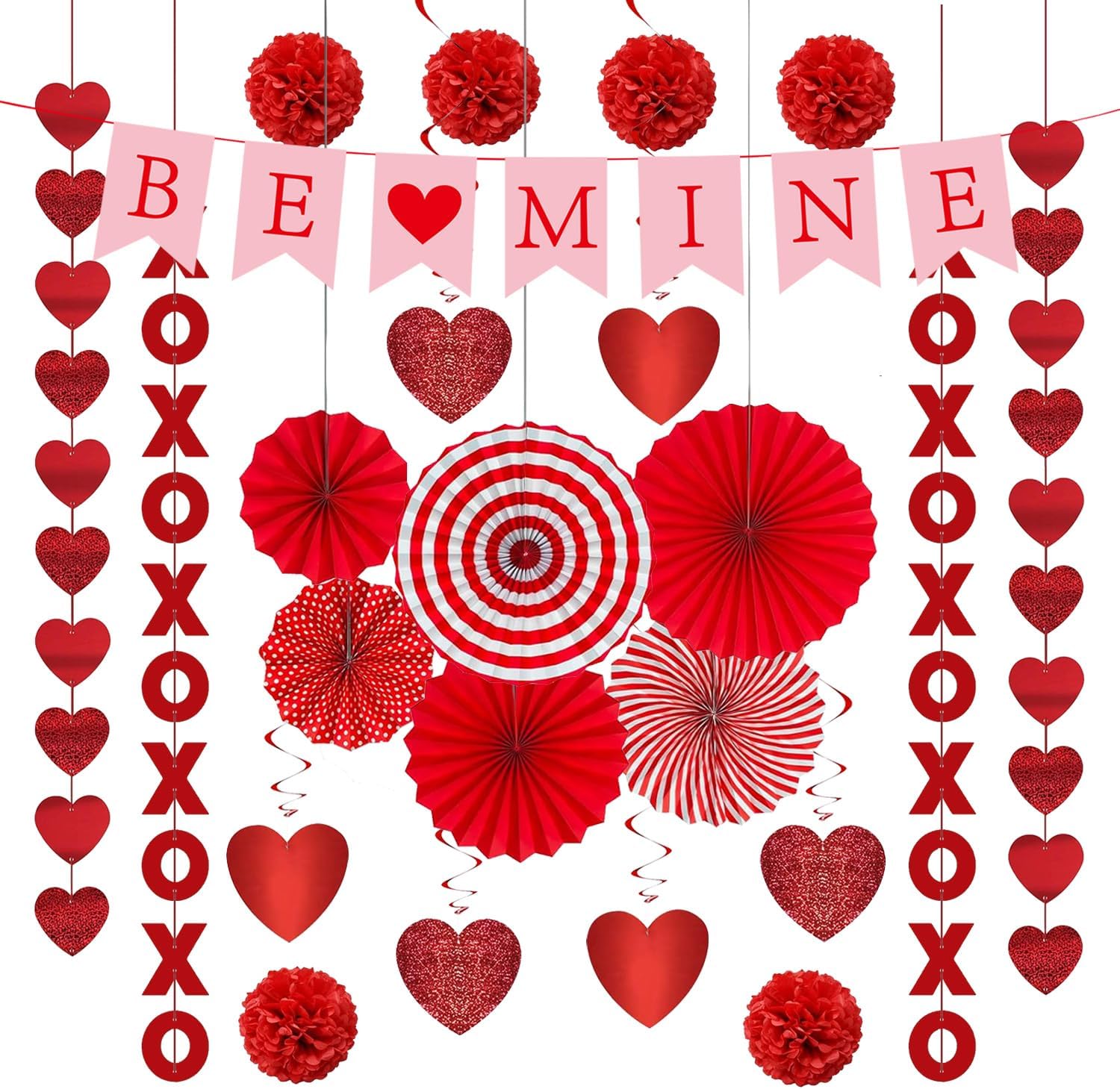 Red Party Decorations Pre-Assembled BE Mine Banner Hanging XO Garlands Heart String Garlands Heart Swirl Paper Fans Paper Balls for Birthday Wedding Graduation Party Supplies