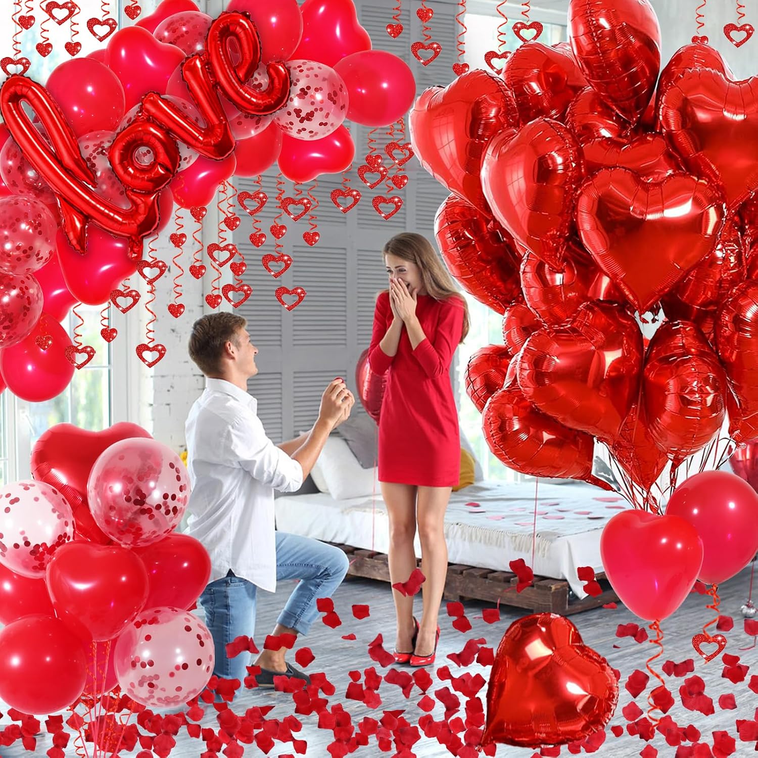 Red Valentine Decor: Heart Balloons, Petals & Hanging Hearts for Wedding, Anniversary. - Image 2