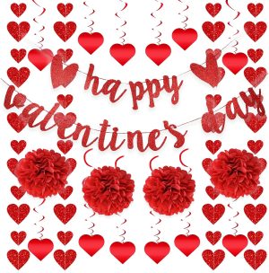 22Pcs Valentine's Day Decorations Set Pre-Assembled Hanging Heart Swirls Happy Valentine's Day Love Heart Garlands Banner for Home Classroom Office Wedding Party Anniversary (Red)