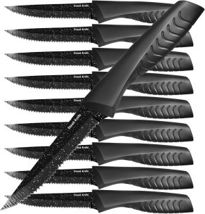 Steak Knives Set of 10, Serrated Steak Knife Set, Dishwasher Safe | High Carbon Stainless Steel, Food-Grade Rust-Proof and Antibacterial, Non-Slip Ergonomic Handles, Great Gift