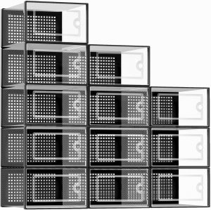 Shop Kitchen Tools & Home Decor Kuject X-Large Shoe Storage Boxes 12 Pack, Clear Stackable Shoe Organizer | Shoe Case for Closet, Entryway & Under-Bed Storage, Drop-Front Design, Space-Saving Solution for Family Organization,Black