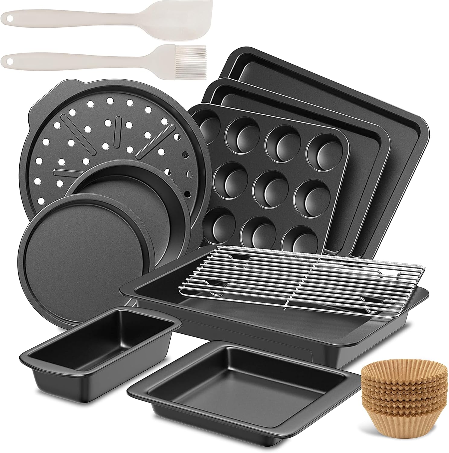 Bakeware Sets, Baking Pans Set, 12 Pieces Nonstick Oven Pan with 120 Muffin Liners for Kitchen, Wider Grips, Including Rack, Cookie Sheet, Cake, Loaf, Muffin, Pizza Pan - Gray