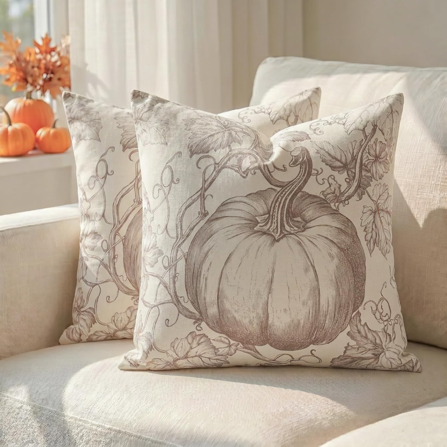 Fall Pumpkin Pillow Covers Set of 2, Light Beige Toile 18x18