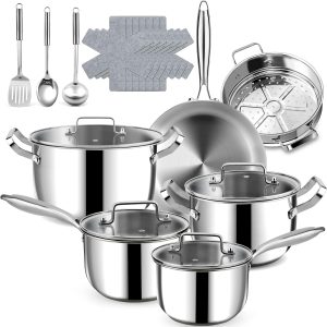 Stainless Steel Cookware Set - 20 PCS Pots and Pans Set with 3-Ply Stainless Steel Frying Pan, Professional Kitchen Cooking Set, Induction Compatible, Oven & Dishwasher Safe