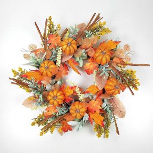 KBREE 22" Fall Wreath for Front Door, Multi-Layered Thanksgiving Wreath with Realistic Linen Orange Pumpkins & Harvest Berry, Premium Rustic Autumn Wreath for Outdoor Indoor Mantle Centerpiece