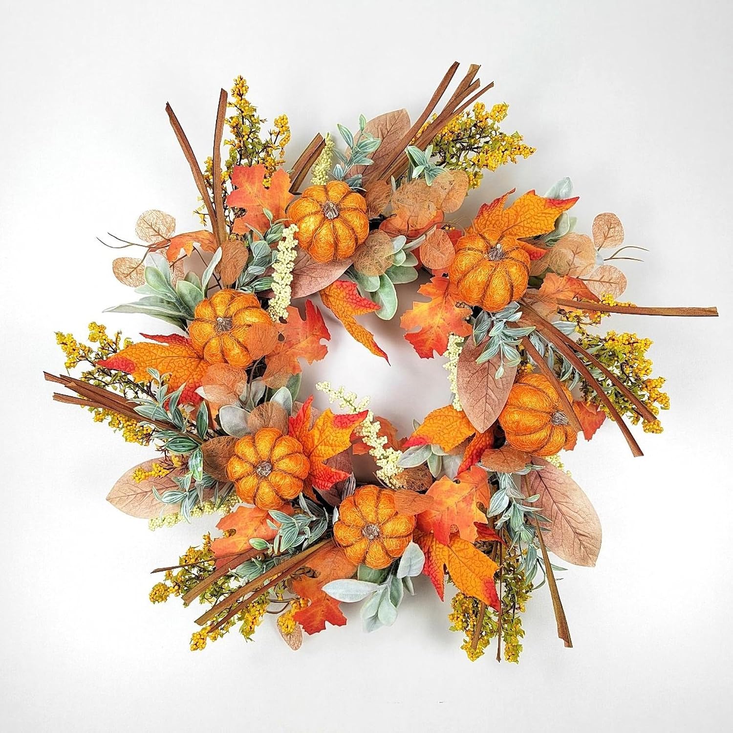 KBREE 22" Fall Wreath for Front Door, Multi-Layered Thanksgiving Wreath with Realistic Linen Orange Pumpkins & Harvest Berry, Premium Rustic Autumn Wreath for Outdoor Indoor Mantle Centerpiece