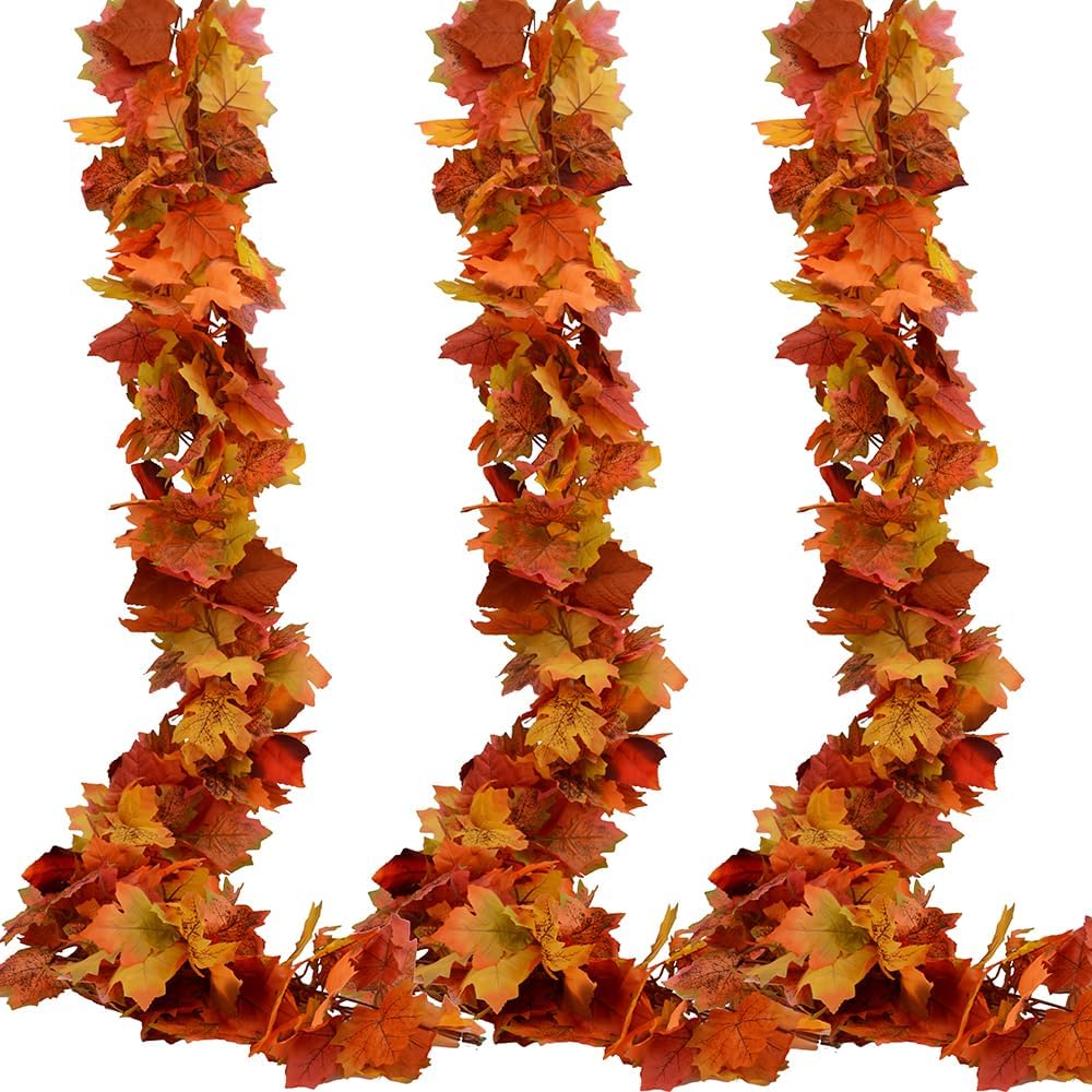 3 Pack Fall Garland Maple Leaf Garlands 5.9Ft/Piece Fall Maple Leaves Garland Hanging Vine Garlands Artificial Autumn Foliage Thanksgiving Decor (3, Orange)