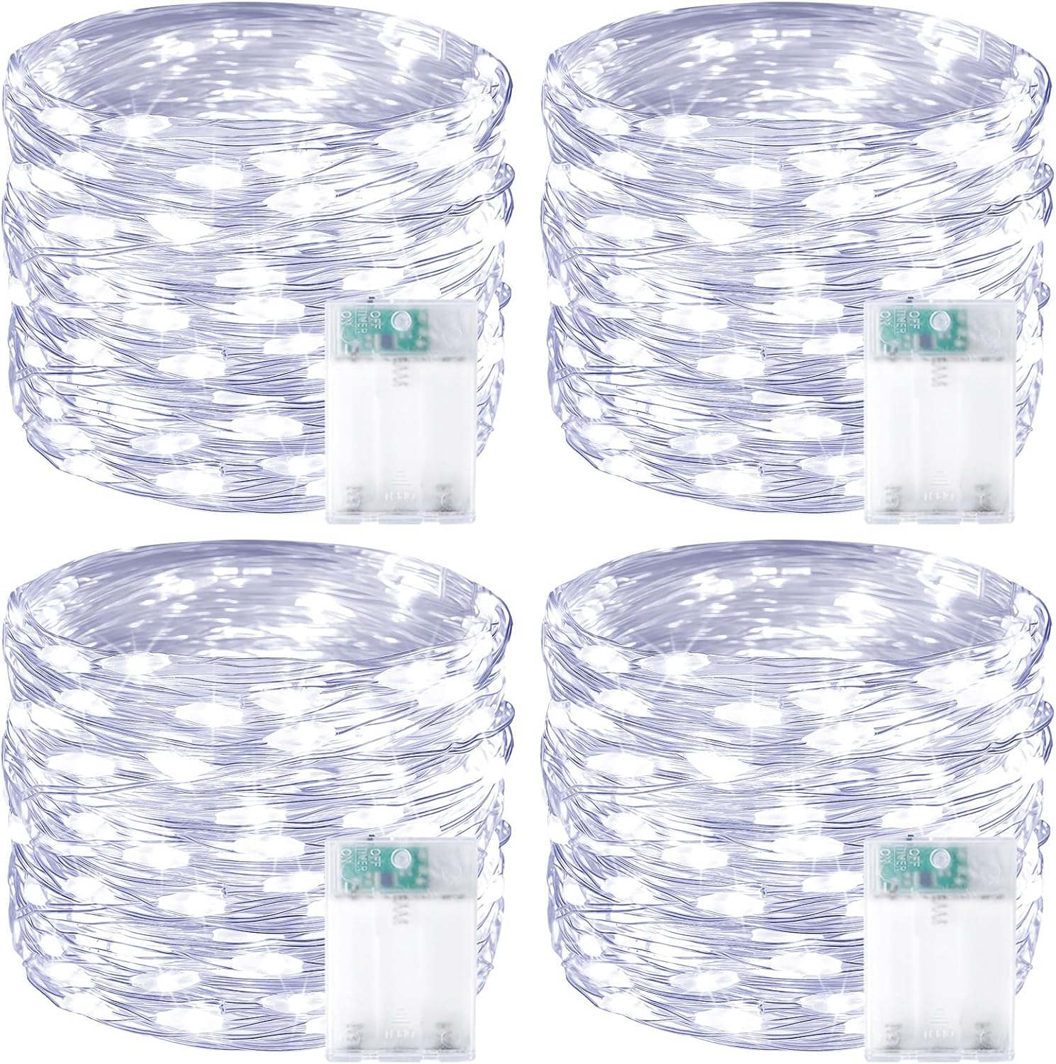 4 Pack 60 LED Fairy Lights Battery Operated with Timer, 20 FT Cool White | Cuttable Copper Wire, Waterproof Battery String Lights for Indoor Outdoor, Wedding, Bedroom, Home, DIY, Christmas Decorations