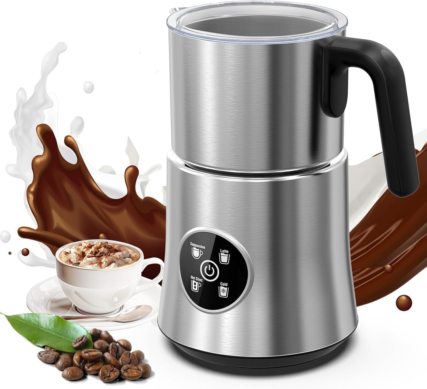 Milk Frother and Steamer, Automatic Hot and Cold Foam Maker with Detachable Stainless Steel Jug, 4-in-1 Electric Frother for Latte, Cappuccinos, Macchiato, and Hot Chocolate