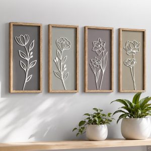 Tide and Tales 3d Framed Wall Art, Set of 4, Floral Boho Wall Decor | 7" x 16", Lightweight, Wooden, Ready-to-Hang Wall Decor for Living Room, Bathroom, Bedroom or Office, Botanical Farmhouse