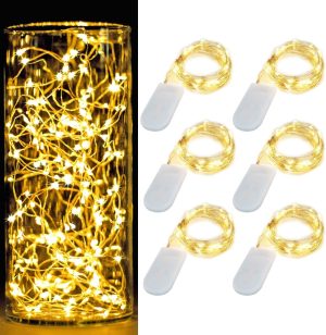 6 Pack 7Ft Starry Fairy String Lights No Remote Waterproof 20LED Warm White | Micro Starry LEDs,Waterproof Silver Wire,CR2032 Battery,Firefly Lights DIY Wedding Centerpiece Party Christmas Table Decor