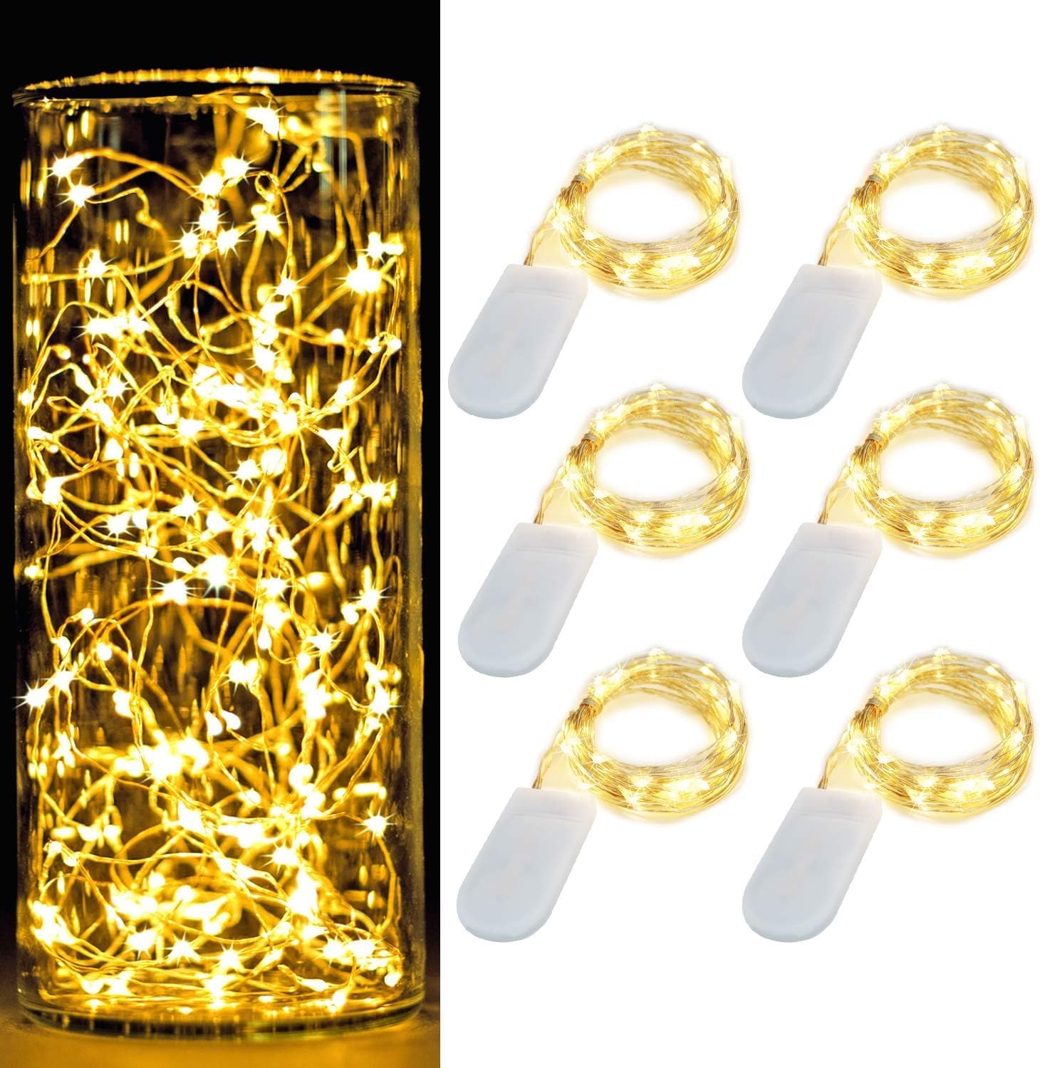 6 Pack 7Ft Starry Fairy String Lights No Remote Waterproof 20LED Warm White | Micro Starry LEDs,Waterproof Silver Wire,CR2032 Battery,Firefly Lights DIY Wedding Centerpiece Party Christmas Table Decor