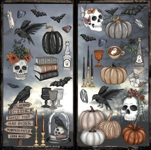 JarThenaAMCS 76Pcs Halloween Window Clings Gothic Skull Pumpkin Crow Window Sticker Double-Sided Decal for Glass Mirror Decor, 9 Sheet