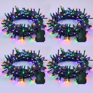 QITONG Halloween String Lights Battery Operated, 4 Pack 16ft 50 LED Orange Purple and Green led Lights, 8 Modes Twinkle Lights with Green Wire Outdoor Indoor