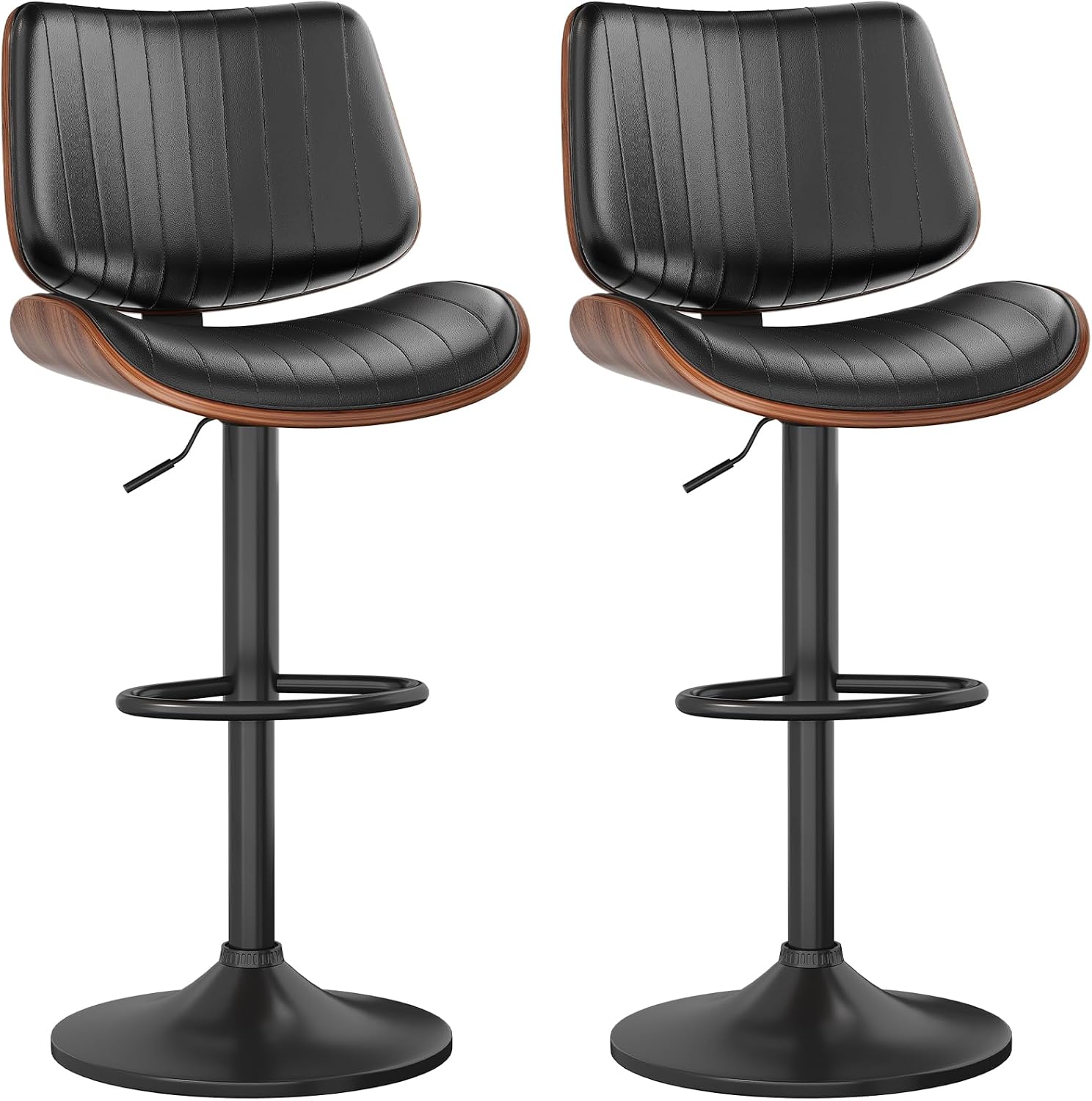 YaFiti Bentwood Swivel Bar Stools Set of 2, Bar Stools for Kitchen, Black | PU Leather Upholstered Barstools with Back and Footrest for Bar, Kitchen, Dining Room