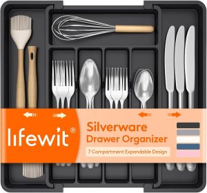 Lifewit Expandable Silverware Drawer Organizer, Kitchen Utensil Tray | BPA-free Plastic Flatware Cutlery Holder, Space-Saving Storage for Spoons Forks Knives, 8-13.8 x 11.2 x 1.4“, Black
