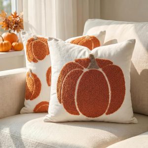 Fall Pumpkin Pillow Covers Set of 2, Caramel Orange Tufted 18x18