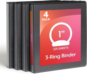 Cardinal Economy 3 Ring Binder, 1 Inch, Presentation View, Black, Holds 225 Sheets, Nonstick, PVC Free, 4 Pack of Binders (79512)