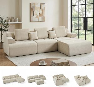 118'' Cloud Sectional Boneless Couches with Deep Seat | Modular Oversized L Shaped Sofa, Upholstered Comfy Chenille 4 Seat Convertible Couches for Living Room, Beige