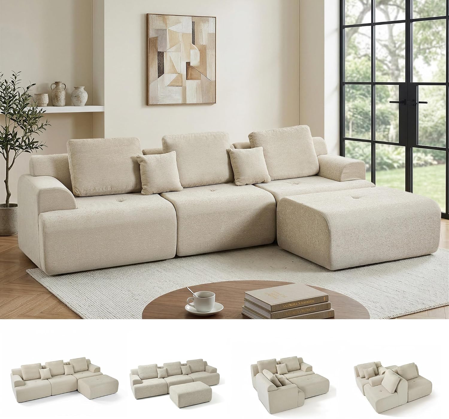 118'' Cloud Sectional Boneless Couches with Deep Seat | Modular Oversized L Shaped Sofa, Upholstered Comfy Chenille 4 Seat Convertible Couches for Living Room, Beige