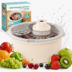 Electric Salad Spinner and Produce Washer, One-Touch Cordless Fruit Cleaner Spinner with Non-Slip Base, Fruit Washer Spinner Bowl, Lettuce Cleaner, Vegetable Dryer (Beige,Electric)