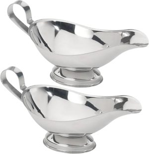 Stainless Steel Gravy Boat – Elegant Sauce Server with Gadroon Base & Easy-Pour Lip – Durable Metal Sauce Boat for Gravy, Dressings, Syrups, and Condiments – Dishwasher Safe (2, 8 Oz.)