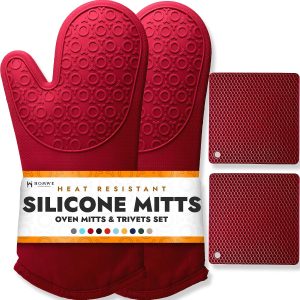 BPA-Free Soft Silicone 4 Piece Oven Mitts & Trivets Set - Ultra Heat Resistant Oven Mitts with Thick Cotton Liner - Long Slip Resistant Pot Holders, Flexible Oven Gloves - Empire Red