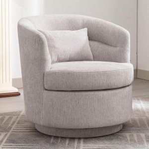Swivel Accent Chair, 360 Degree Round Swivel Barrel Chair with Pillow, Upholstered Comfy Barrel Armchair Single Club Sofa Chair for Living Room,Bedroom, Reading Room, Grey