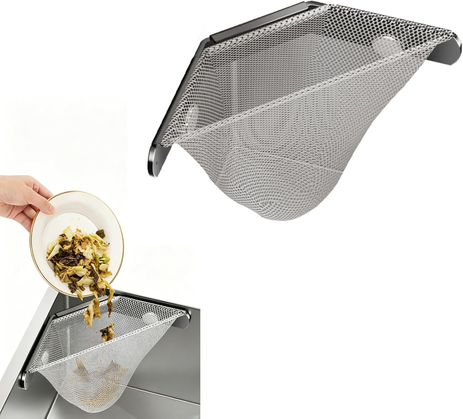 Metal Kitchen Sink Corner Strainer – 100PCS Filtering Mesh Bags Included – Triangle Filter Basket for Food Scraps – Adhesive Mount Sink Drain Catcher for 90° or Rounded Corners (Grey)