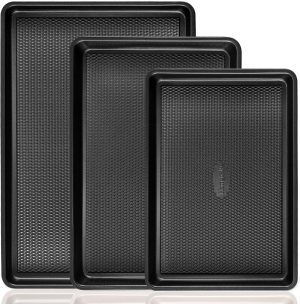 Cookie Sheets for Baking Nonstick - HONGBAKE Baking Sheet Pan Set of 3, Half/Quarter/Jelly Roll Pan for Oven with Diamond Texture Pattern, 57% Thicker Carbon Steel Cookie Trays, Dark Grey