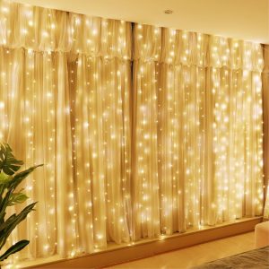 HXWEIYE 300LED Fairy Curtain Lights, 9.8x9.8Ft USB, Remote, 8 Modes & Timer | Dimmable, Christmas String Hanging Lights for Bedroom, Wedding Backdrop and Indoor Wall Decor, Warm White