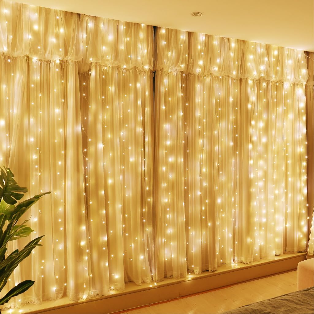 HXWEIYE 300LED Fairy Curtain Lights, 9.8x9.8Ft USB, Remote, 8 Modes & Timer | Dimmable, Christmas String Hanging Lights for Bedroom, Wedding Backdrop and Indoor Wall Decor, Warm White