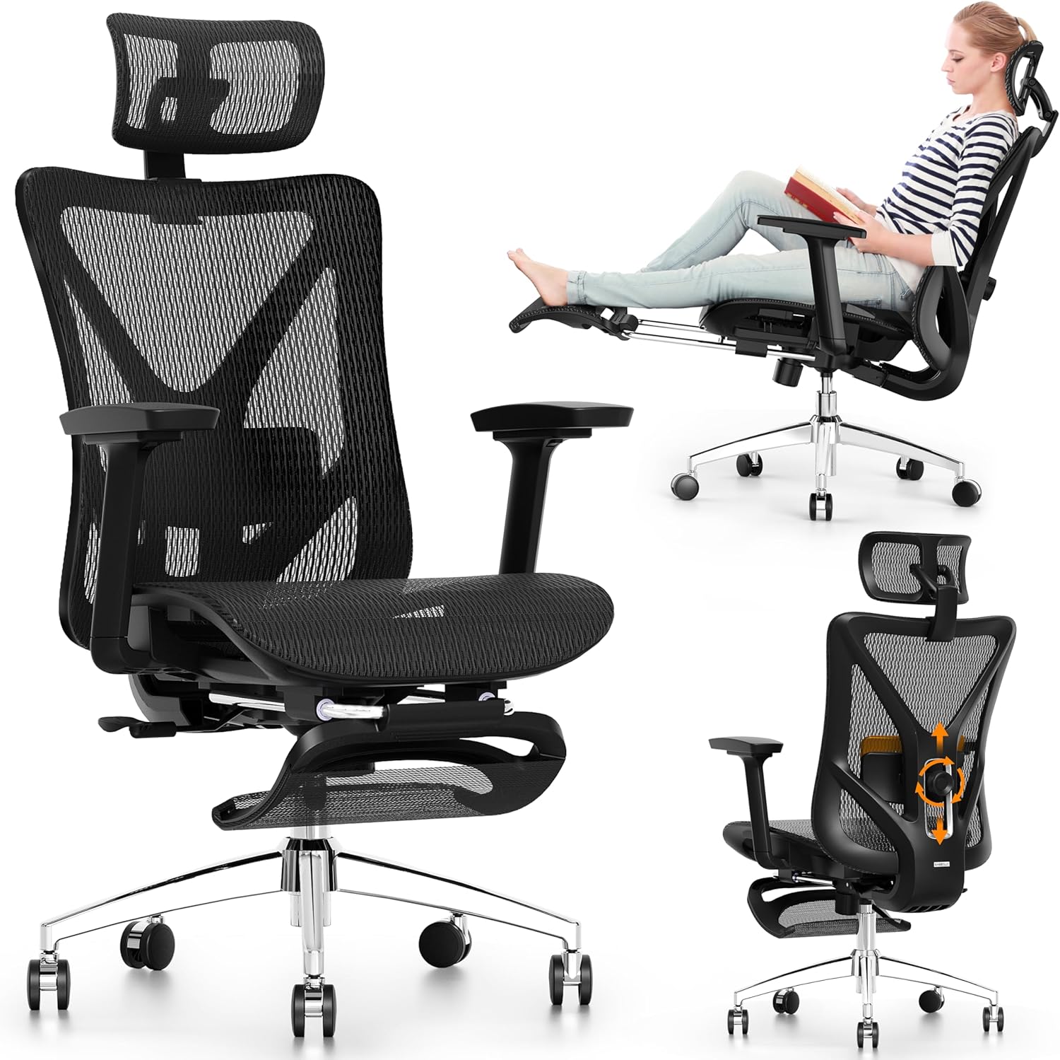 Ergonomic Office Chair with Footrest, 135° Reclining Desk Chair with Adjustable Lumbar Support,3D Armrest,Headrest & Large Steel Base, 300LBS Heavy Duty Mesh Chair